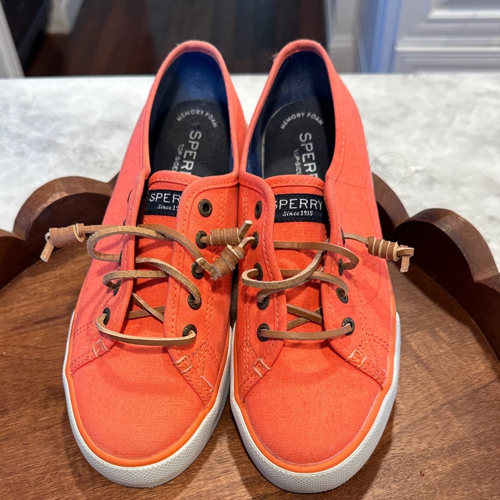 Sperry Vibrant Orange Sneakers with Brown Laces